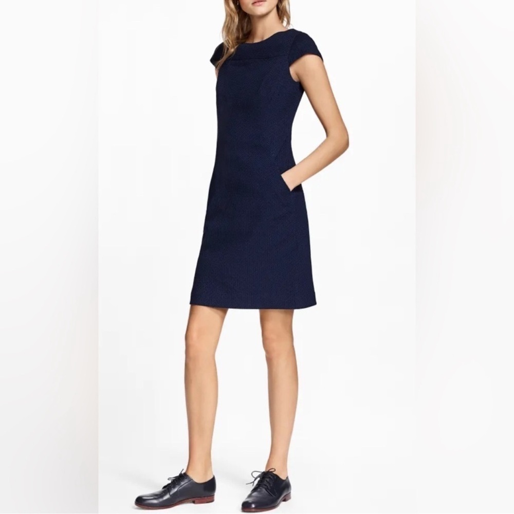 Brooks Brothers Navy Textured Cap Sleeve Dress US 4 preppy office minimalist